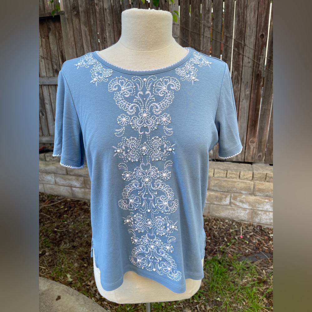 Alfred Dinner Blue Embroidered Women's Top Granny cottagecore coquette
